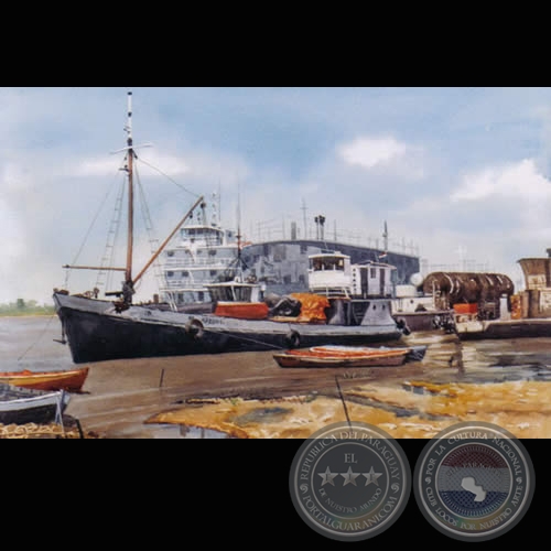 BARCAZAS EN EL RÍO PARAGUAY, ASUNCIÓN - Acuarela de EMILI APARICI